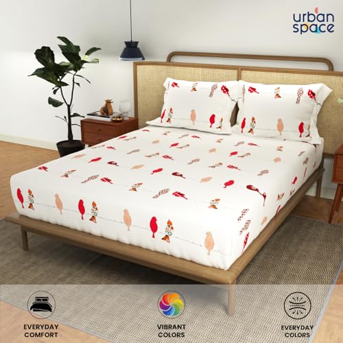 Image of Urban Space Divine Collection 144 TC 100% Cotton King Bedsheet with 2 Pillow Covers, Humming Bird Red