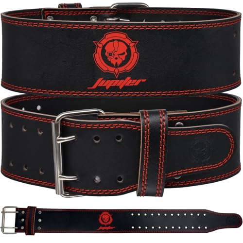 Weight lifting Belt (6mm Thick) - Genuine leather, offering back support. Double-pronged buckle, ideal for weightlifting, powerlifting, squats and deadlifts(Red L)