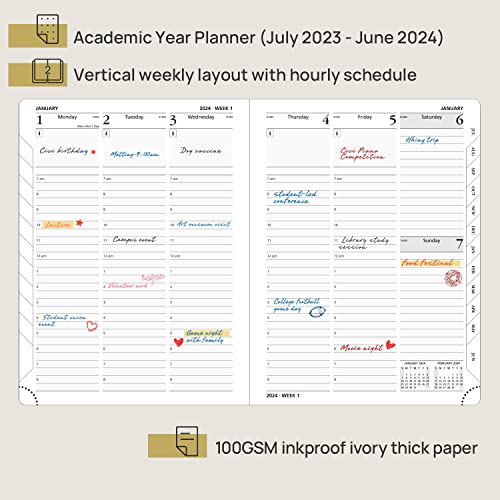 Poprun Planner 2023-2024 (6.5'' X 8.5'') Academic Year Calendar (July 2023 - June 2024) With Hourly Time Slots, Monthly Weekly & Daily Organizer For Time Management, Soft Leather Cover - Pacific Green #TOP1
