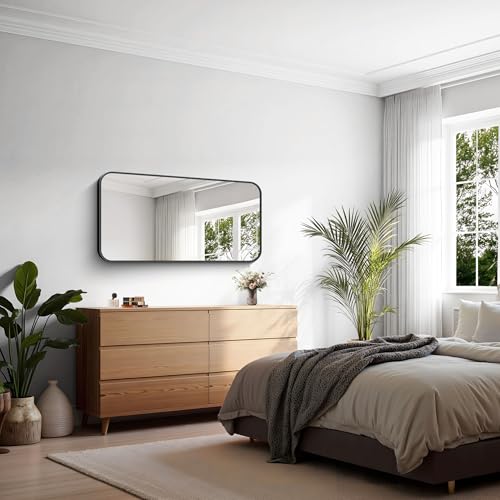 Image of KOCUUY Black Mirror 20 inch x 40 inch, Metal Frame Vanity Mirror for Wall, Rectangle Bathroom Mirror with Rounded Corner, Upgraded Shatterproof Glass for Bathroom, Bedroom, Hang Horizontal or Vertical