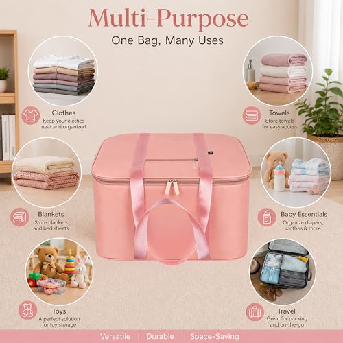 Image of Storite Nylon Big Underbed Storage Bag Moisture Proof Cloth Organiser with Zippered Closure and Handle(Peach, 56x46x30cm) Rectangular