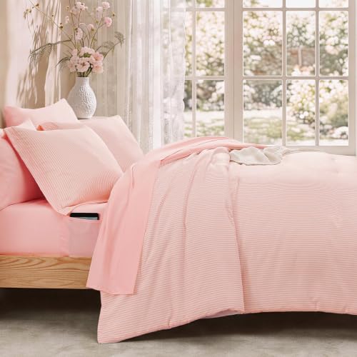 Image of Monbix Full Size Comforter Sets-7 Pieces Soft Bed in a Bag Full Bedding Set | Hot Pink Vertical Ticking Stripe Lightweight All Season Comforter Set with Sheets, Pillowcases & Shams