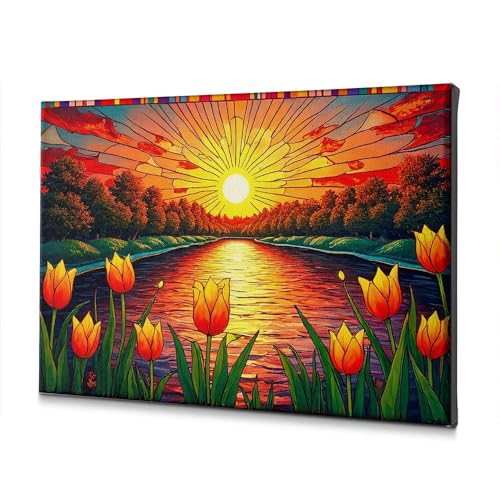 Toile de Pâques pour déco de salon, peinture de rivière et tulipes colorées au format 30x40