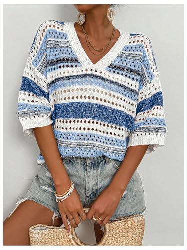 Image of Verdusa Women's Short Sleeve Drop Shoulder Striped Sweater Top Hollow Out V Neck Summer Shirt
