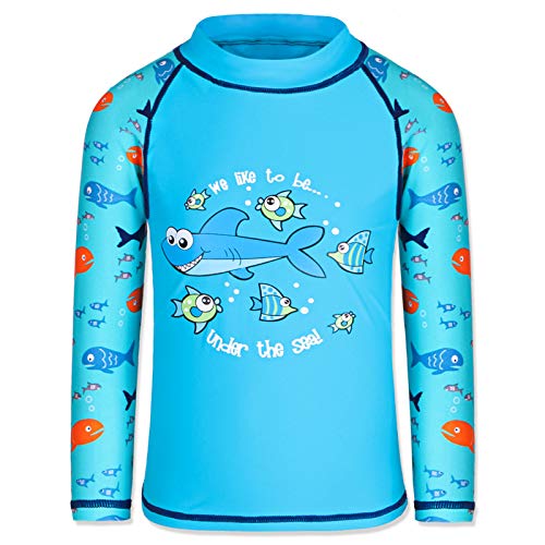 TFJH E Roupa de banho infantil de manga comprida com proteção solar FPS 50+, Peixe azul, 5-6 anos