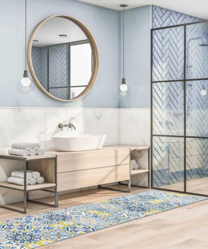 Passatoia CETARA anti-macchia anti-scivolo lavabile in lavatrice cm.52x150 tappeto cucina bagno ingresso multiuso, disegno ceramica stile maiolica - immagine 3