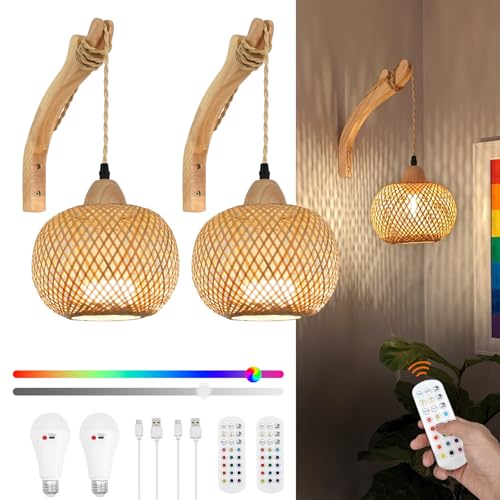 Image of Frideko Boho Rechargeable Battery Operated Wall Sconces Set of Two with Remote, RGB 15 Colors Dimmable Wireless Wall Light, Bamboo Indoor Wall Lamp with 3 Timer, Rattan Wall Lighting for Bedroom