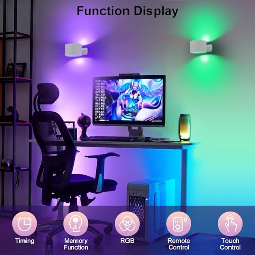 Image of Lightess Battery Operated Wall Sconces Set of 2, Remote Control, Colorful | 19 Colors Dimmable, Rechargeable Light for Bedroom Hallway, Cordless