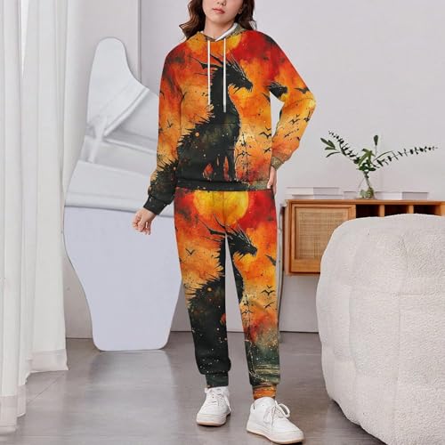 Boy's Girl's Hooded Tracksuit Pullover Sweatshirt Jogging Pants Sweatsuit, Dragon Watercolor Silhouette2