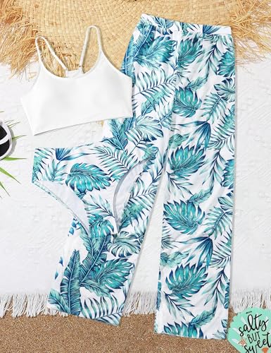Image of NECIOUS Girls Swimsuit, 3 Piece Bikini Bathing Suit Tropical Floral Swimwear with Cover Up Pants 7-16Y