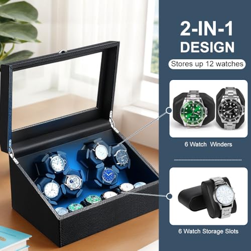Image of J&T Technology Watch Winder for Automatic Watches,Automatic Watch Winder with LED Light,6 Watch Winder + 6 Storage Case with Quiet Motor for Man /Woman's Watches(PU Snake Skin)