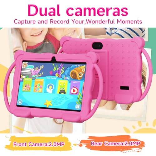 Image of Kids Tablet 7 inch Android 14.0 for Toddler, 4GB RAM 32GB ROM Bluetooth IPS Screen Google Play YouTube Parental Control Dual Camera Shockproof Case for Educational Games (Pink)