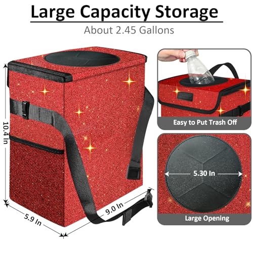 Image of Car Trash Can, Cute Mini Trash Bag With Lid, Glitter Garbage Bin Hanging for Back /Front Seat /Console, Waterproof, Leakproof, 2.5 Gallon, Red Bling Sparkly