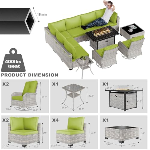 Image of 11-Piece Patio Furniture Set, Outdoor Patio Furniture with 55,000 BTU Fire Pit Table, Swivel Chairs Set, Thick Cushions, Modular Patio Sofa, Dual-Strand Rattan, Rust-Resistant Frame, Grass Green