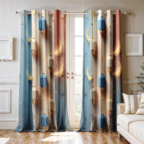 Image of Ultimate Trends Festival Themed Light Filtering Polyester Curtain Lanterns & Crescent Moon Print | Ideal for Festivals, Living Room Dcor | Eyelets|, 6 FEET (Pack of 2)