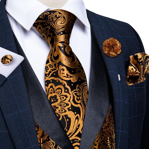Image of DiBanGu Mens Paisley Suit Vest Silk Jacquard Waistcoat and Necktie Set Formal Shawl Collar Dress Vest 7PCS for Wedding Party