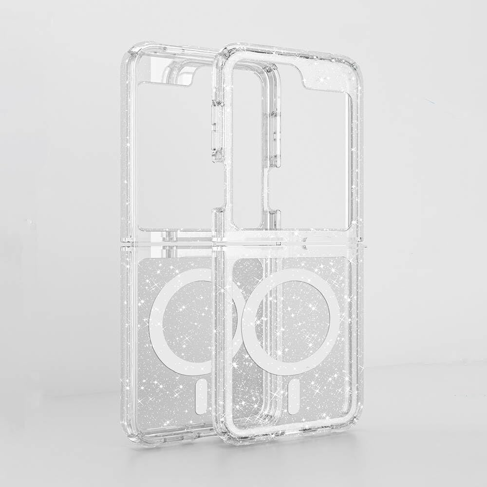 PSR Aksesuar Samsung Galaxy Serisi Uyumlu Kılıf – M-safe Şarj Özellikli | Parlayan Simli | Saydam Renkli Allstar Kapak (Şeffaf, Samsung Galaxy Z Flip 6)