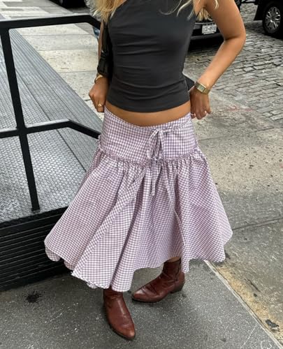 Women Y2K Plaid Midi Skirt Adjustable Tie Up Waist A-Line Gingham Ruffle Skirt Fashion Aesthetic2