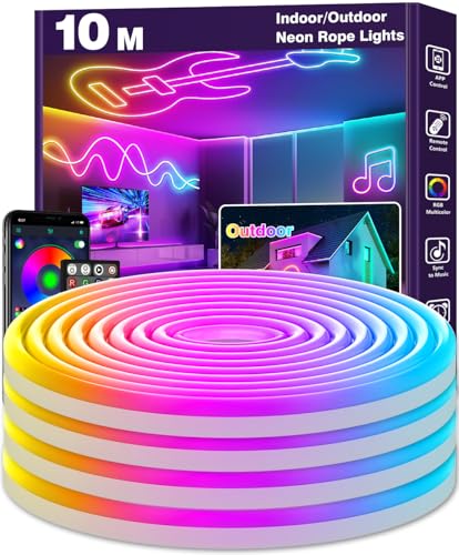 10M Neon LED Strip Flexible LED Strips RGB Control with App/Remote Waterproof Music Sync Gaming Strip Lights for Bedroom Indoor IP65 Outdoor RGB Neon Lights Multiple Modes