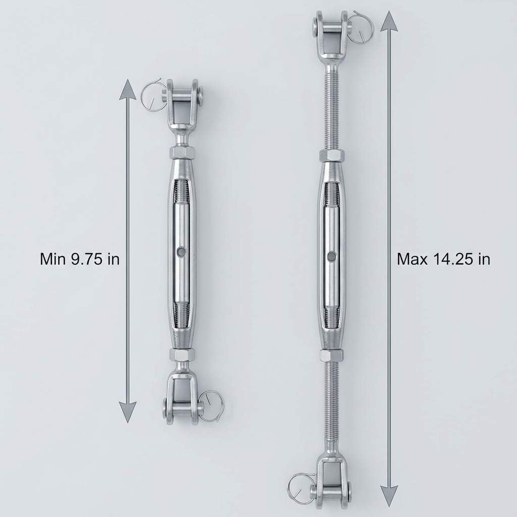 QWORK Jaw - Tenditori marini a corpo chiuso, confezione da 2 pezzi, con gancio, carico di rottura 5.100 kg, in acciaio inox, filettatura da 1/2", lunghezza regolabile
