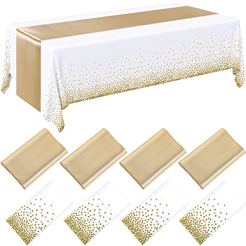 Image of Breling 8 Pack White and Gold Disposable Plastic Tablecloths and Satin Table Runner Set, 54 x 108 Inch Tablecloth, 12 x 108 Inch Table Runners for Wedding First Communion Baby Shower Graduation
