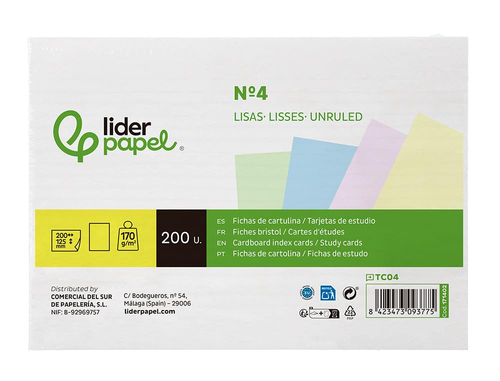 Leaderpapel Card for Studying Plain Coloured cardstock 170 g/m2 125x200 mm Pack of 200 Units