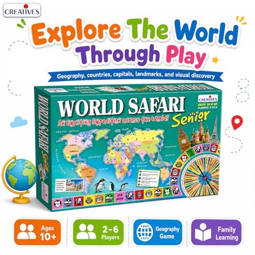 Image of Creative's World Safari Senior| World Geography Learning Game for Kids & Adults| Educational Board Games with World Map, Learn about Countries, Capitals, Continents, GK Quiz, Ages 10+, 2-6 Players