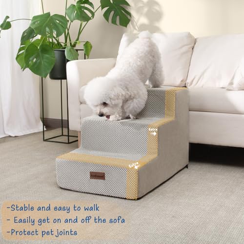 Image of Aodisman Dog Stairs for Small Dogs & Cats, 3-Step Extra Wide Non-Slip Pet Steps for Couch Sofa and Chair, Light Grey, 15.7 inch H