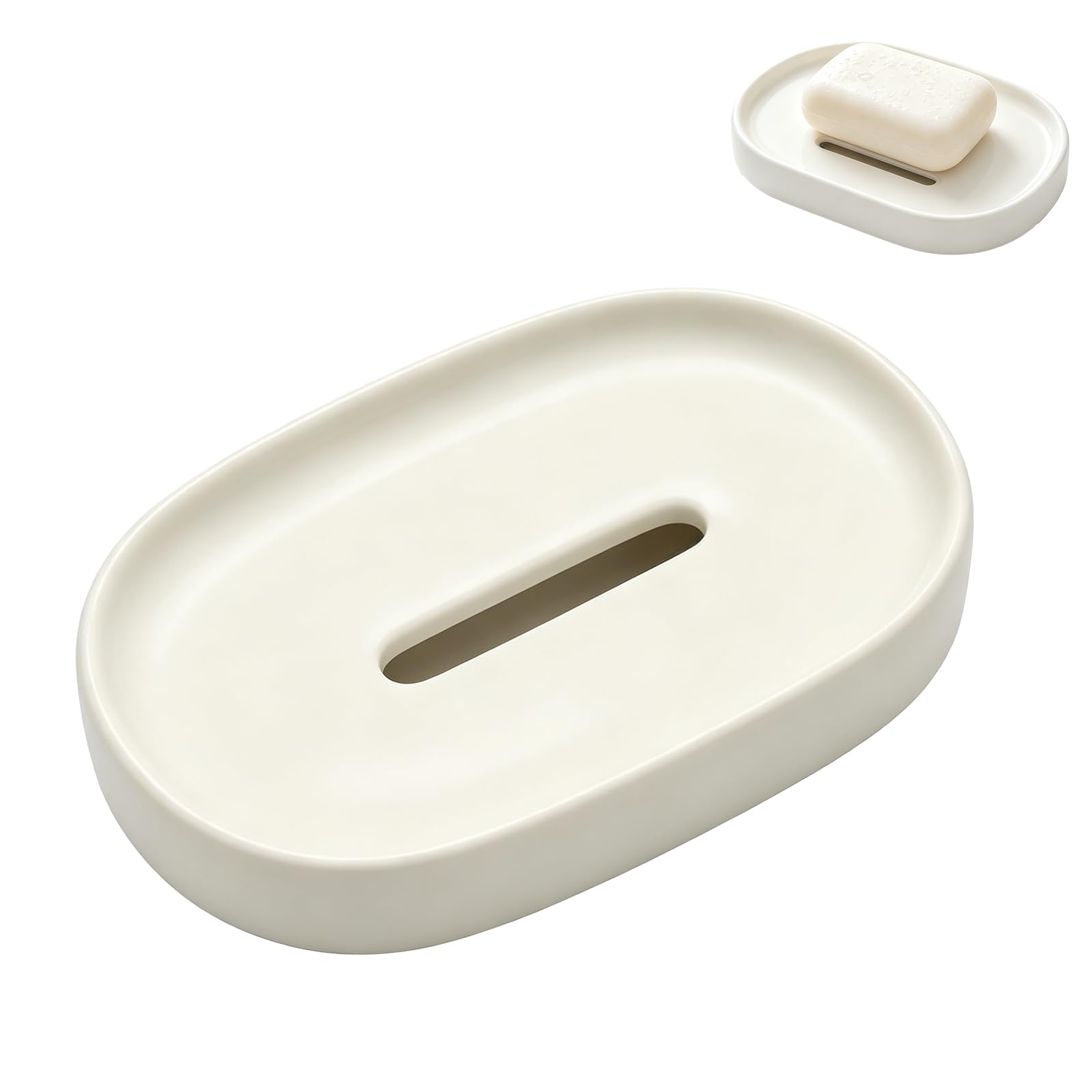 Avvchuy Ceramic Soap Dish, Oval Soap Dish with Drainage for Bathroom, Shower, Kitchen Sink