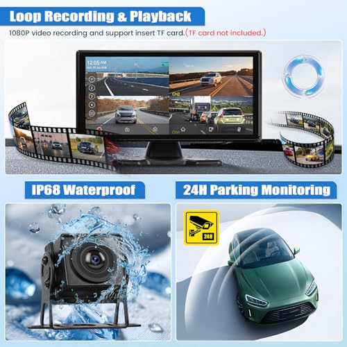 Image of 1080P 4K RV Backup Camera System Portable Wireless Apple Carplay /Android Auto Mirror Link Smart Player 10.36 inch Touchscreen Reverse Monitor DVR Loop Recording 4 Split Screen Bluetooth USB TF