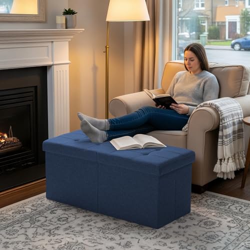 Image of 30-INCH Ottoman with Storage, Footrest Storage Bench, End of Bed Bench Coffee Table for Living Room, Bedroom, Entryway (Blue)