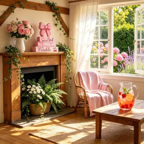yuboo 4 Pcs Pink Bow Block Sign, Coquette Room Decor for Teen Girls, Christian Wooden Sign 'With God All Things Are Possible', Preppy Girly Shelf Desk Decor, Tiered Tray Home Decor — view 6