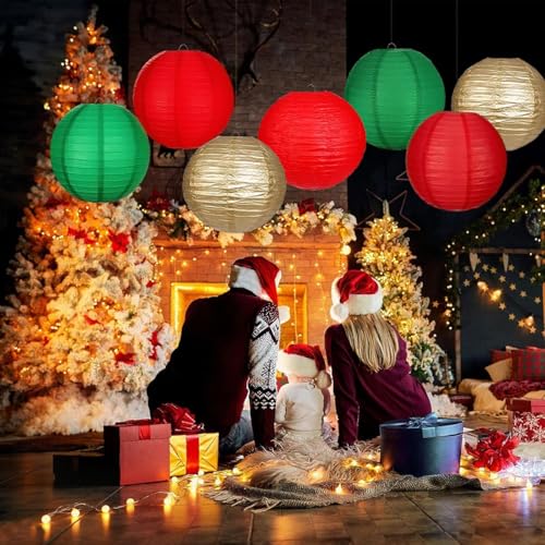 Image of Green Red Paper Lanterns Decorative 12pcs Christmas Hanging Decorations for Graduation Anniversary Birthday Party