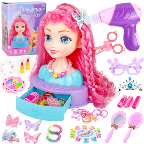 Frisierkopf Kinder Set 41-teiliger Schminkkopf mit Aufbewahrungsbox Friseur- & Prinzessinnen-Zubehör zum Frisieren & Stylen Geschenk für Mädchen ab 3 Jahre Geburtstag & Weihnachten