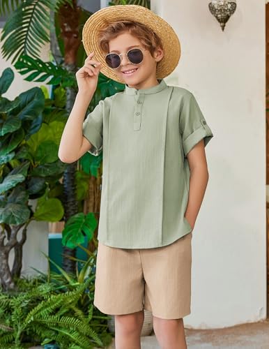 Image of Arshiner Boy's 2 Pieces Linen Sets Short Sleeve Henley Shirt and Shorts Summer Beach Matching Outfits 4-12 Years