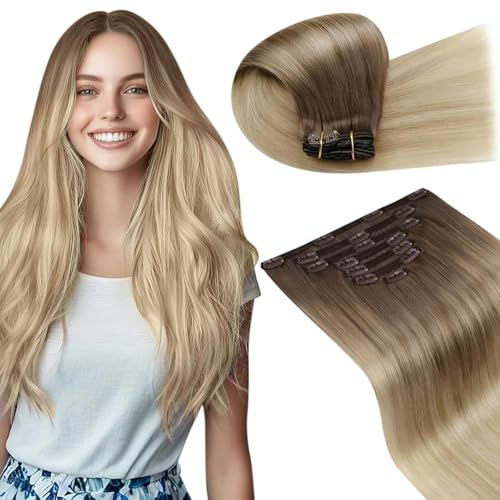 Image of LaaVoo Clip in Hair Extensions Real Human Hair Light Brown Ombre Ash Blonde Mix Platinum Blonde Human Hair Clip in Extensions Blonde Balayage Hair Extensions Clip ins Soft Straight 16 Inch 7pcs /150g