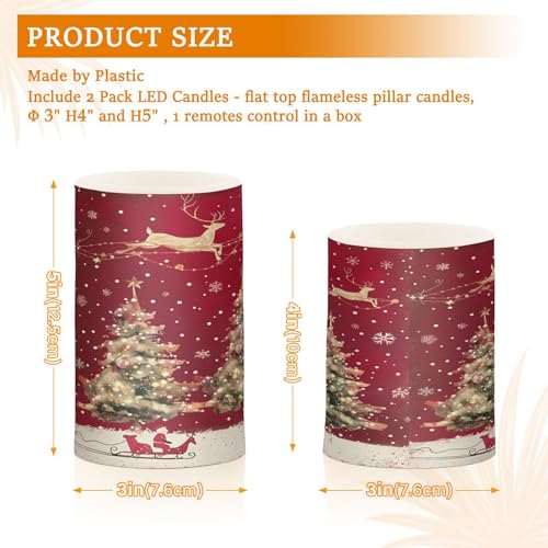 Image of Christmas Lights Flameless Candles Christmas Trees Reindeer Pillar Candles Set of 2 Battery Operated Remote Control Warm Lights Home Decor