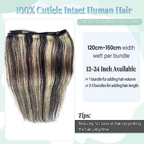 Image of Weft Hair Extensions Human Hair, 16 Inch 100G Sew in Hair Extensions Real Human Hair Wefts Natural Black and Blonde Highlights Hair Extension Real Human Hair Weave Bundles for Women