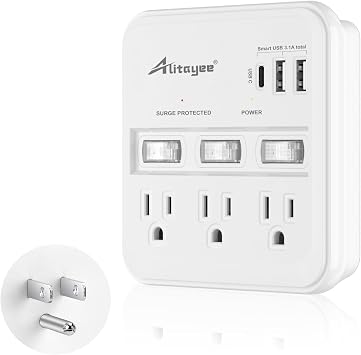 Alitayee wall Outlet Extender Surge Protector, USB Power Strips with Individual Switches and 15.5W Type-C Fast Charging Ports for Cell Phone,Home,Office,Dorm ETL Listed White