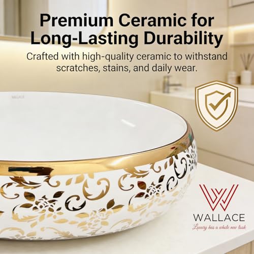 Image of Wallace Designer Oval Table Top Wash Basin White & Gold 60x40x15 cm | Premium Ceramic Countertop Vessel Sink with Floral Pattern | Luxury Over Counter Bathroom Basin