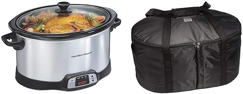 Hamilton Beach 8-Quart Programmable Slow Cooker With Digital Timer, Silver (33480) & Travel Case, Carrier Insulated Bag for 4, 5, 6, 7 & 8 Quart Slow Cookers (33002),Black