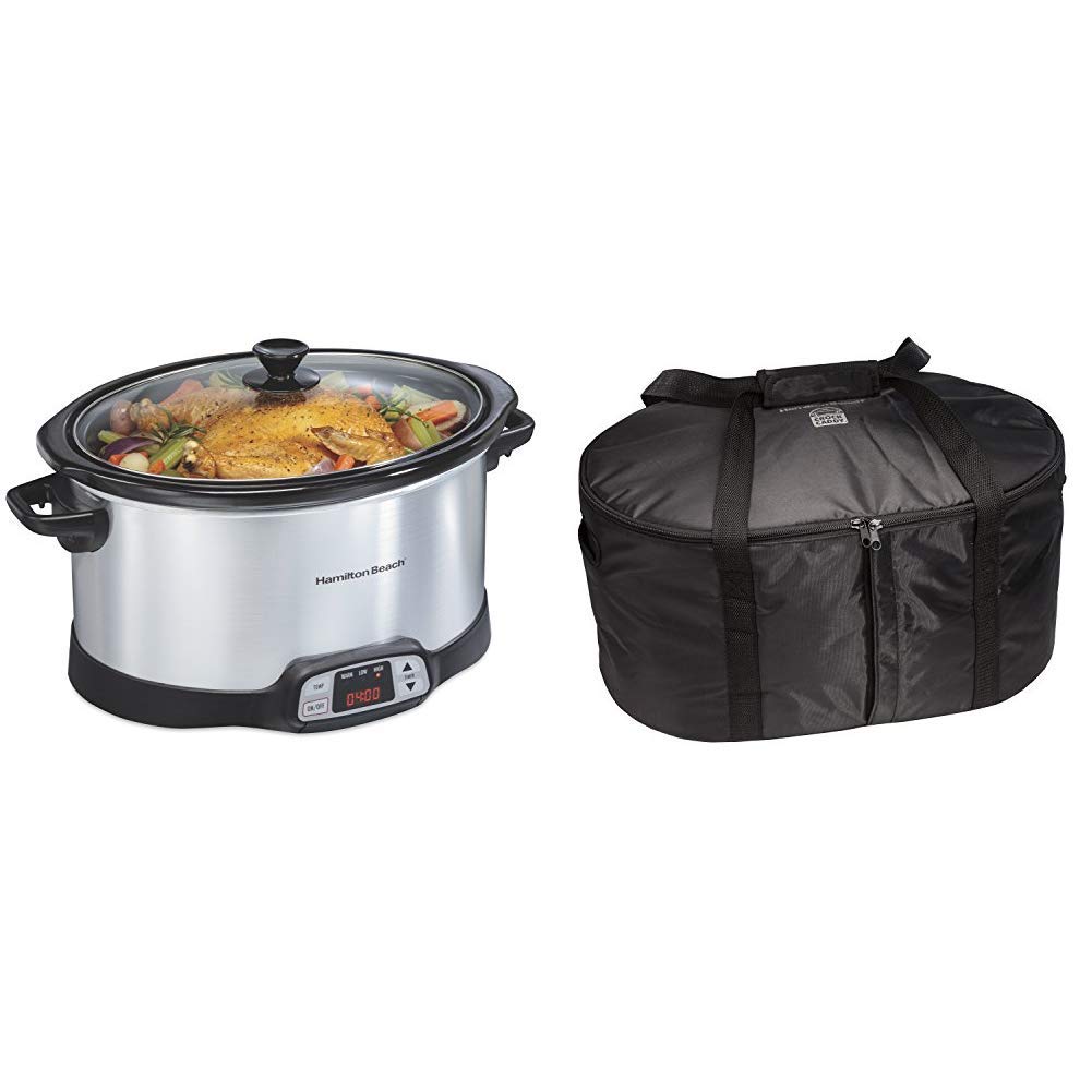 Hamilton Beach 8-Quart Programmable Slow Cooker With Digital Timer Silver 33480 Travel Case Carrier Insulated Bag for 4