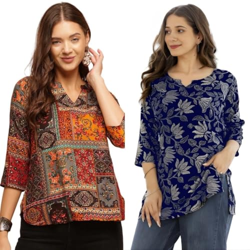 Image of Women's Cotton Printed Short Kurti, Round Neck, Three Quarter Sleeve, Straight Fit, Pack of 2