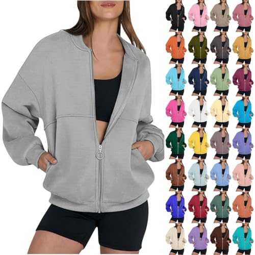 YMAMIYO Zip Up Jackets For Women No Hood Casual Long Sleeve Sweatshirts Fleece Lined Fall Winter Coat Outerwear With Pockets Grey