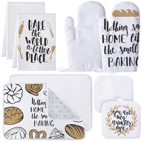 Ziliny 8 Pcs Heat Transfer Blank Sublimation Oven Mitts Set Include 2 Oven Gloves 2 Sublimation Hot Pads Pot Holders 2 Sublimation Blank Door Mat Blank Doormat 2 Sublimation Towels for Kitchen