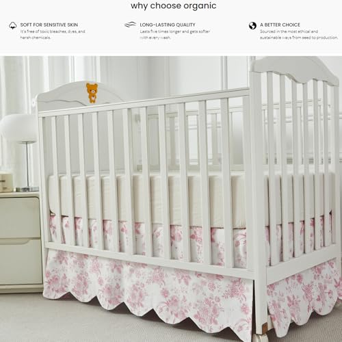 Image of Brandream Scallop Edge Cotton Crib Skirt, Baby Girl, French Country Pink Toile Crib Skirt Toddler Bedskirt Farmhouse Chic Nursery Crib Bed Skirt, Boho Bohemian Vintage Grandmillennial Floral Print