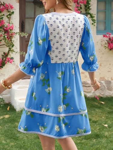 Image of Wenrine Womens Casual Floral Mini Dress Summer Patchwork Boho Shirt Dresses