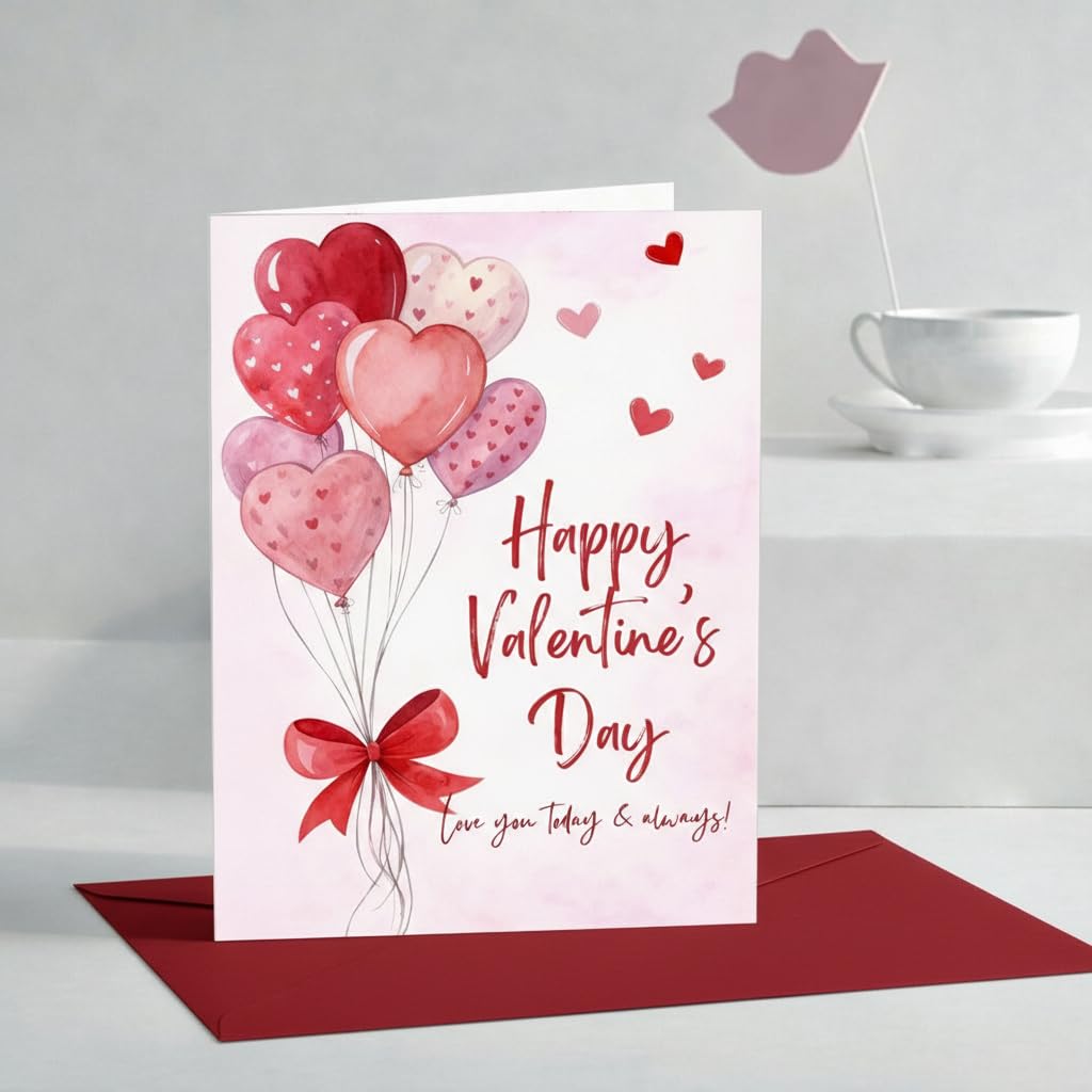 Hearts Printed Happy Valentine’s Day Greeting Card with Envelope | Romantic Love Card for Husband Wife, Girlfriend Boyfriend, Couples | Pre-Printed Message Inside A5 Size
