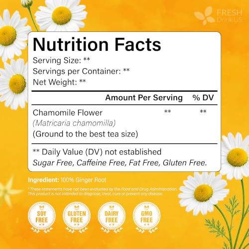 Image of FRESHDRINKUS, 135 Chamomile Tea Bags, 100% Natural and Pure Chamomile Flowers, Eco-conscious Tea Bags. Chamomile Flower Herbal Tea. No Sugar, No Caffeine, No Gluten, Vegan.