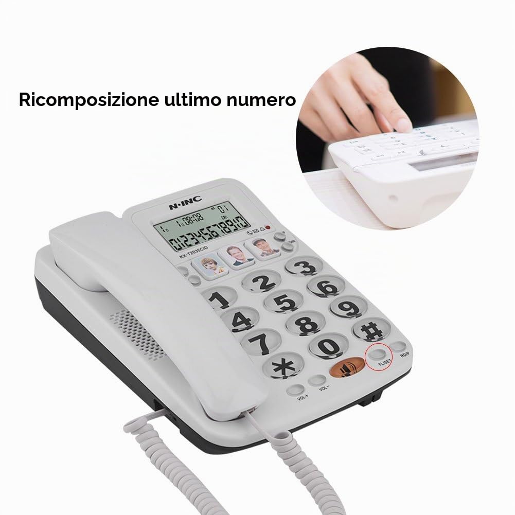 Telefono Fisso da Tavolo con Tasti Grandi, Telefono Vivavoce con Filo, Telefono Fisso di Casa/Ufficio a Due Linee/ID Chiamante/Suono Chiaro/Riselezione